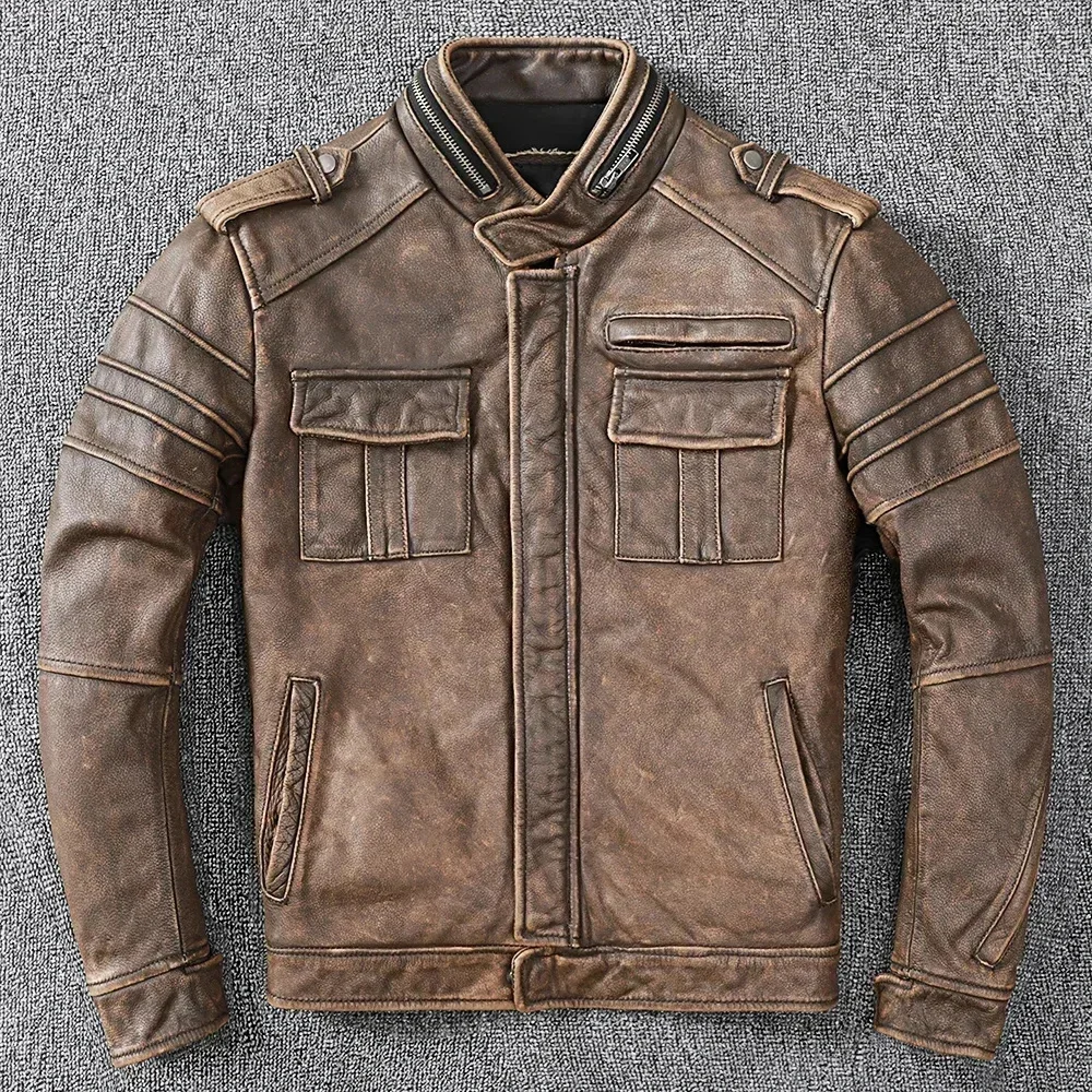 New Men Cowhide Coat Male Genuine Leather Jacket Vintage Style Man Motorcycle Biker Clothes Thick Calfskin Real Learher Coats