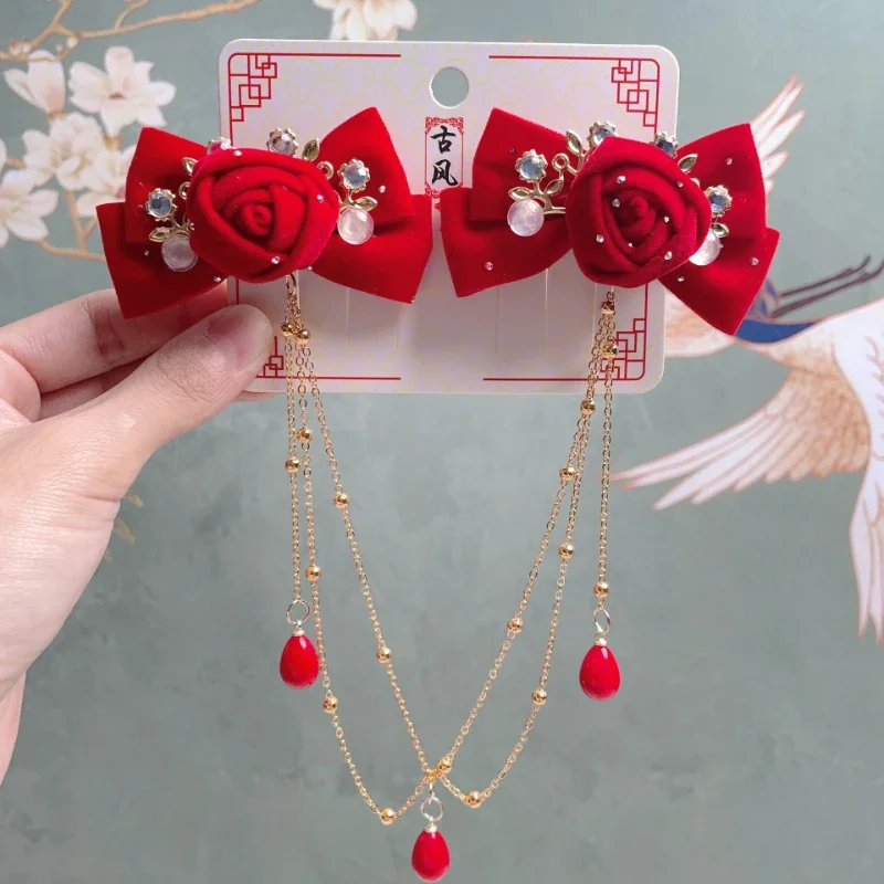 Chinesische Hanfu Mädchen Kopf bedeckung Neujahr Mädchen Haarschmuck niedlichen roten Rose Kinder Haars pange Festival Geschenk