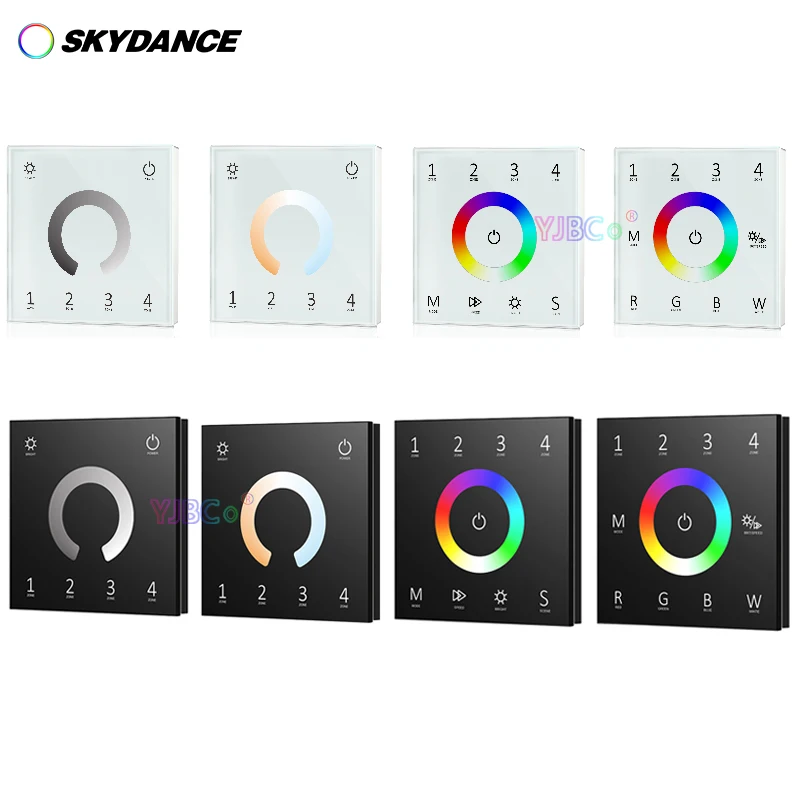 Wall Mounted 86 Glass Touch Panel Single Color/CCT/RGB/RGBW LED Strip controller 110V-220V 4 Zones DMX 512 Master Dimmer Switch