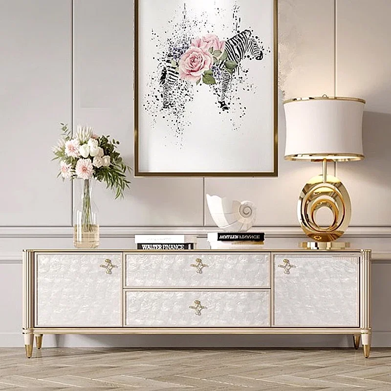 American light luxury TV cabinet living room 2024 new shell  French coffee table cream wind bucket cabinet side