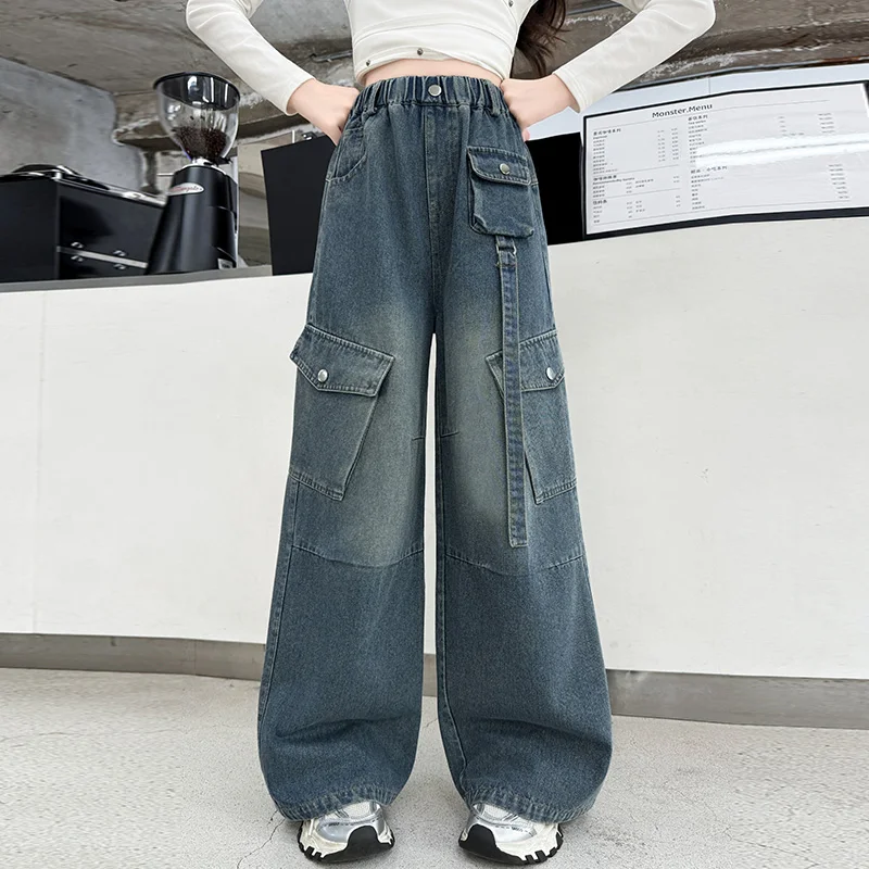 طفل الشارع الشهير موضة خمر البضائع الجينز واسعة الساق مستقيم الدينيم السراويل الإناث الاطفال y2k جديد البوب Harajuku فتاة بناطيل كاجوال #4