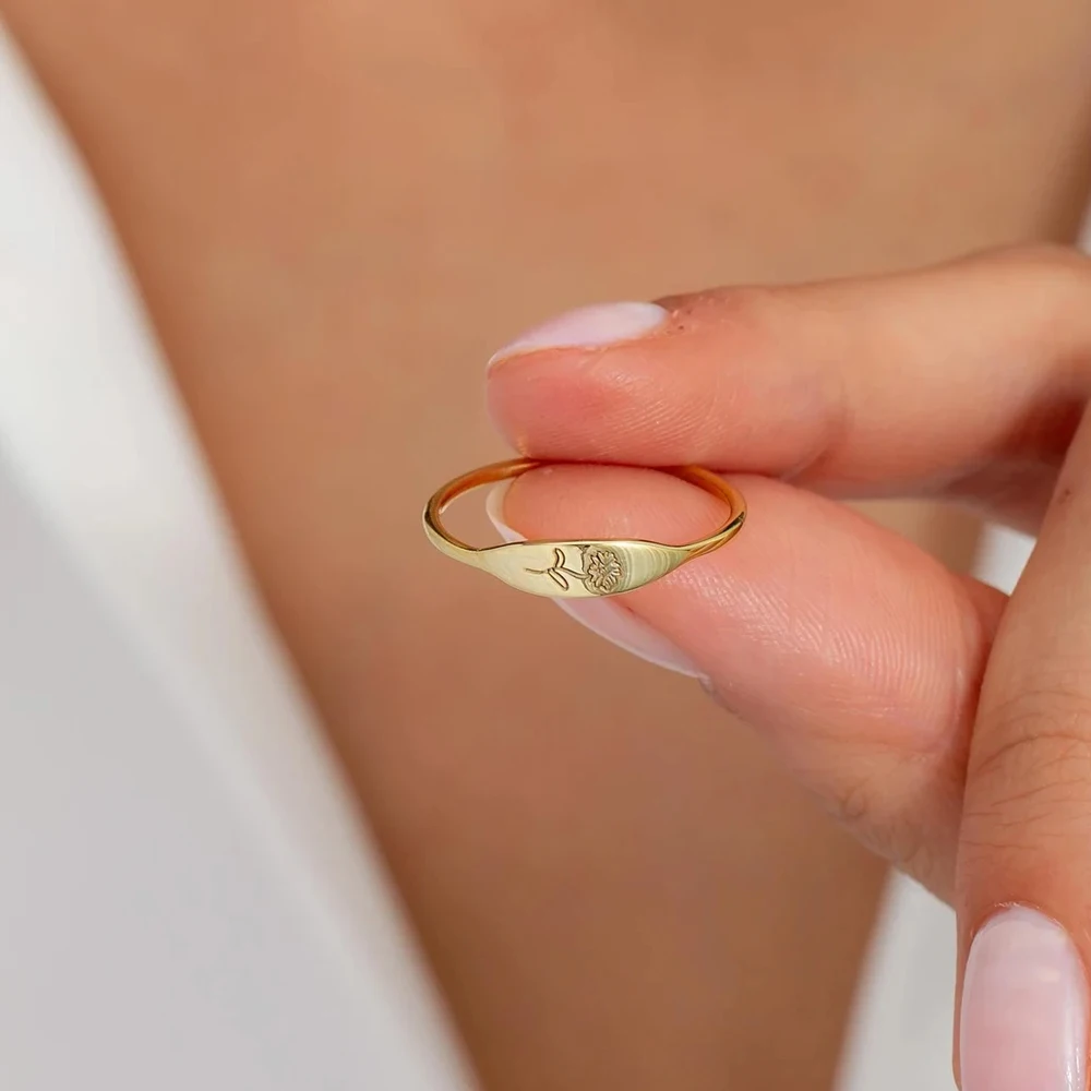 COOLTIME Dainty Engraved Name Stainless Steel Ring for Women Gold Color Personalized Minimalist Anniversary Couple Rings Gift