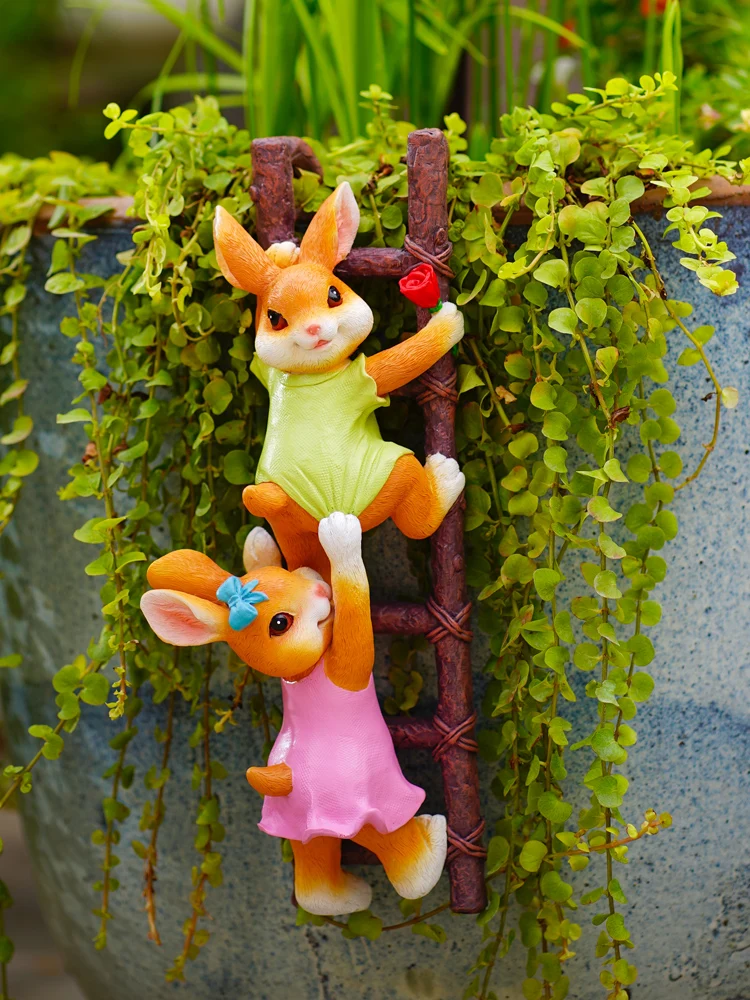 

Cute rabbit climbing ladder ornament flower pot pendant garden courtyard balcony wall hanging