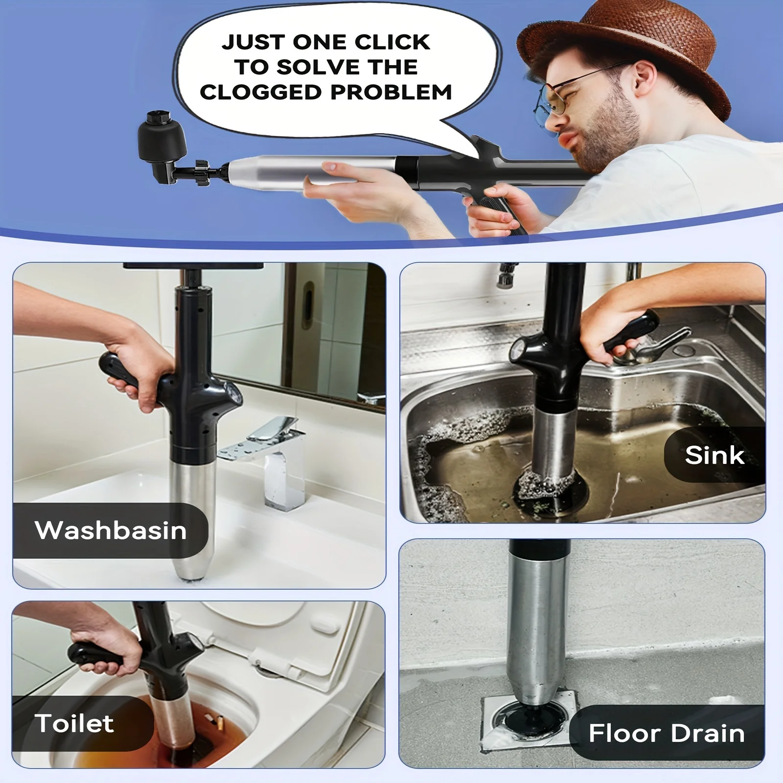 

Stainless Steel Power Plunger - Effortlessly Clear Sink, Bathroom & Floor Drain Blockages - Durable, Multipurpose Plumbing Tool