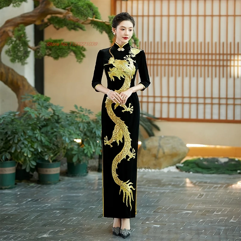 2025 vestido chinês melhorado tradicional qipao vestido nacional dragão bordado veludo qipao banquete oriental vestido de noite qipao