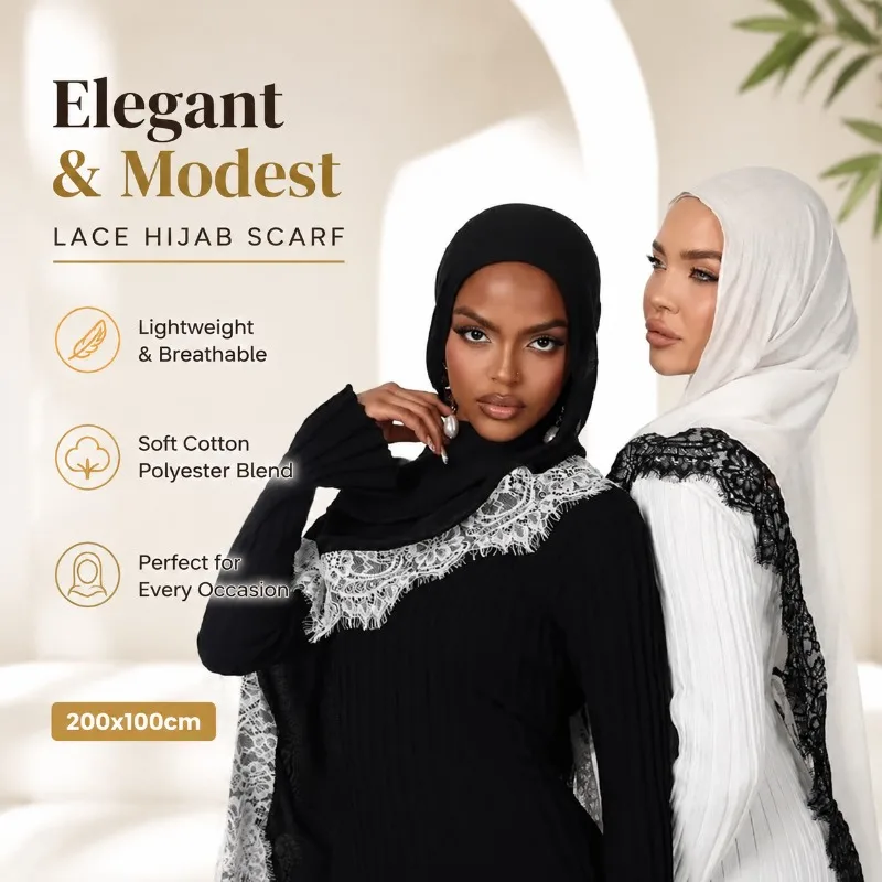 

Muslim Women Hijab Scarf 200x100cm, Cotton Polyester Lace Shawl, Islamic Headwrap Headband Ramadan Turban, Lightweight Fashion