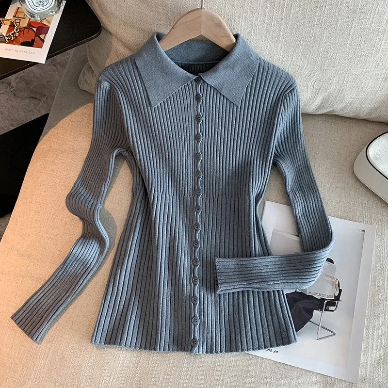 سيولش أنيقة واحدة الصدر بولو طوق المرأة سترة مشغولة من الصوف كم طويل البلوزات غير رسمية سليم الأعلى الإناث 2025 جديد