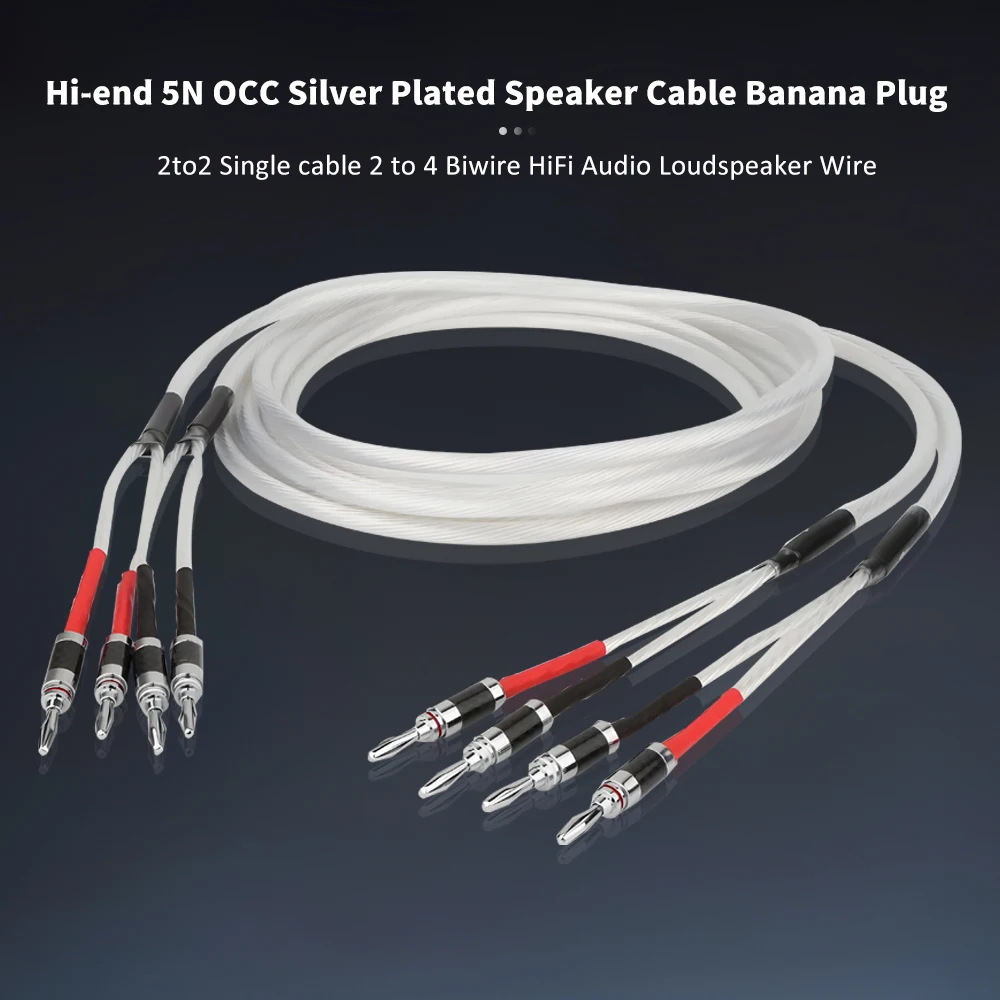 Hi-end 5N OCC Silver Plated Speaker Cable Banana Plug 2to2 Single cable 2 to 4 Biwire HiFi Audio Loudspeaker Wire