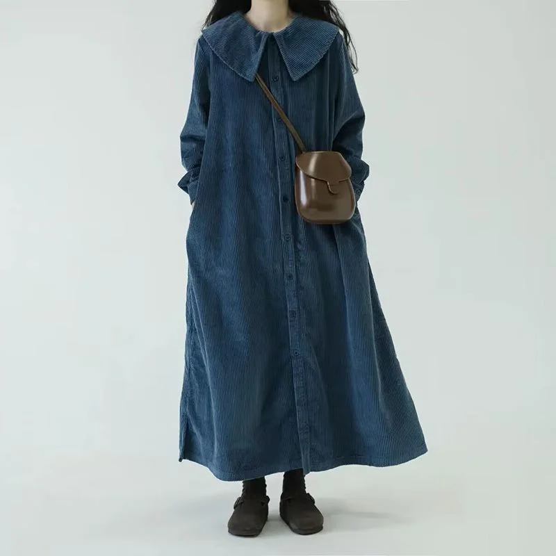 

Платье большого размера с длинным рукавом из бархата, осеннее, винтажное, с эффектом объема, с большим воротником, свободного кроя, в корейском стиле, для повседневной носки, модное