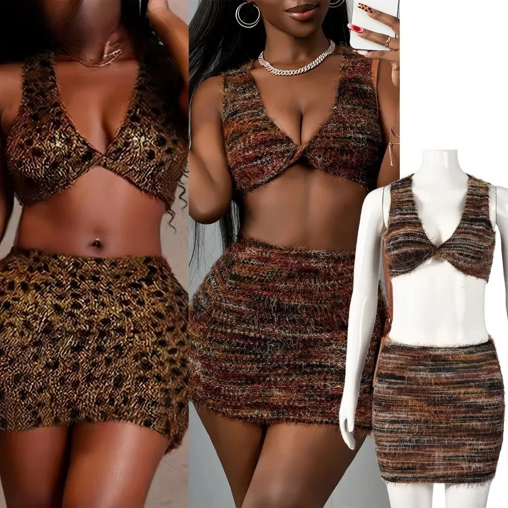 Fashion Knitting 2 Pieces Set for Woman Outfits Color Block Sleeveless Backless Vest + Skirt Female Streetwear Clothing