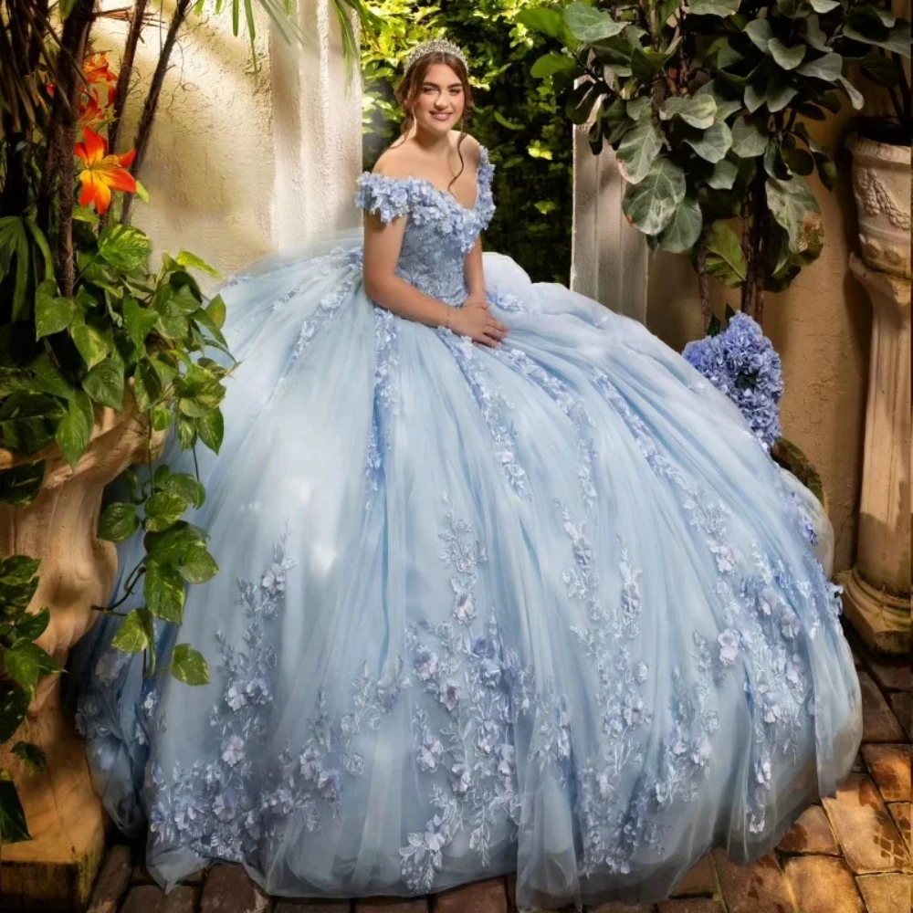 Vestido de fiesta de quinceañra con hombros descubiertos, traje largo de princesa con flores en 3D, apliques bonitos, azul cielo, 16
