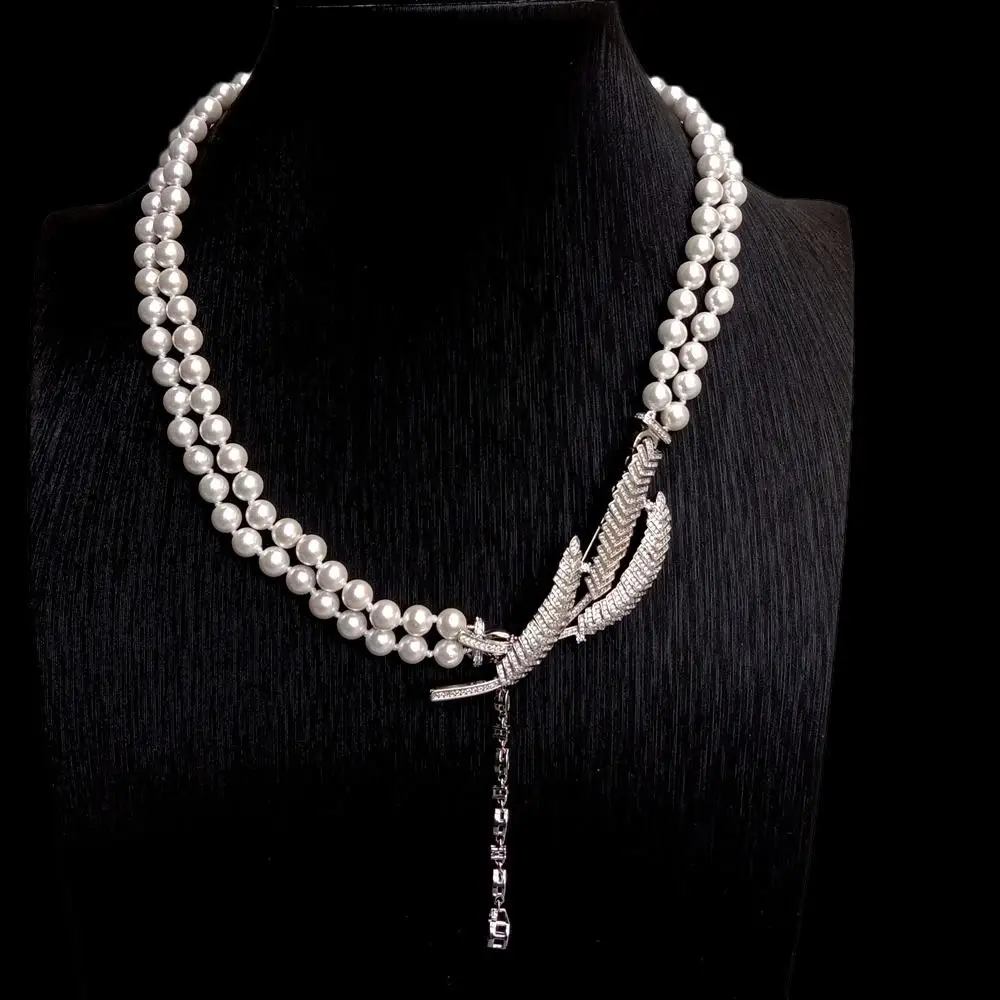 Y·YING 2 Rows White Sea Shell Pearl Choker Necklace Cz Pave Pendant Collar Lariat Necklaces Jewelry