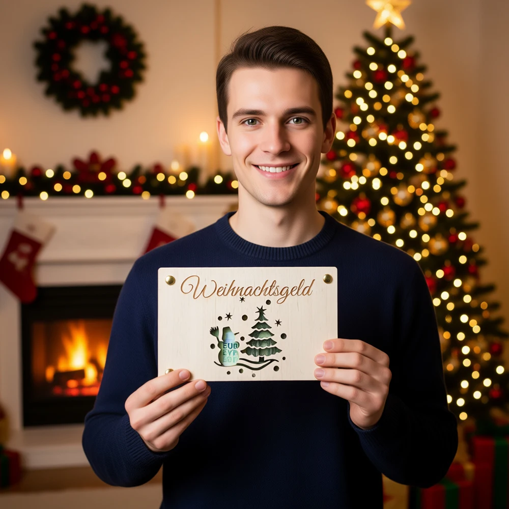 

German Weihnachtsgeld Christmas Money Holder - Wooden 13x10cm Euro Cash Box with Reindeer Design, Xmas Gift Savings Bank