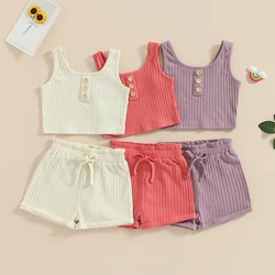 2023-05-07 Lioraitiin 0-8Years Kid Girls 2Pcs Summer Pants Suit Sleeveless Knitting Vest Tops Solid Drawstring Shorts