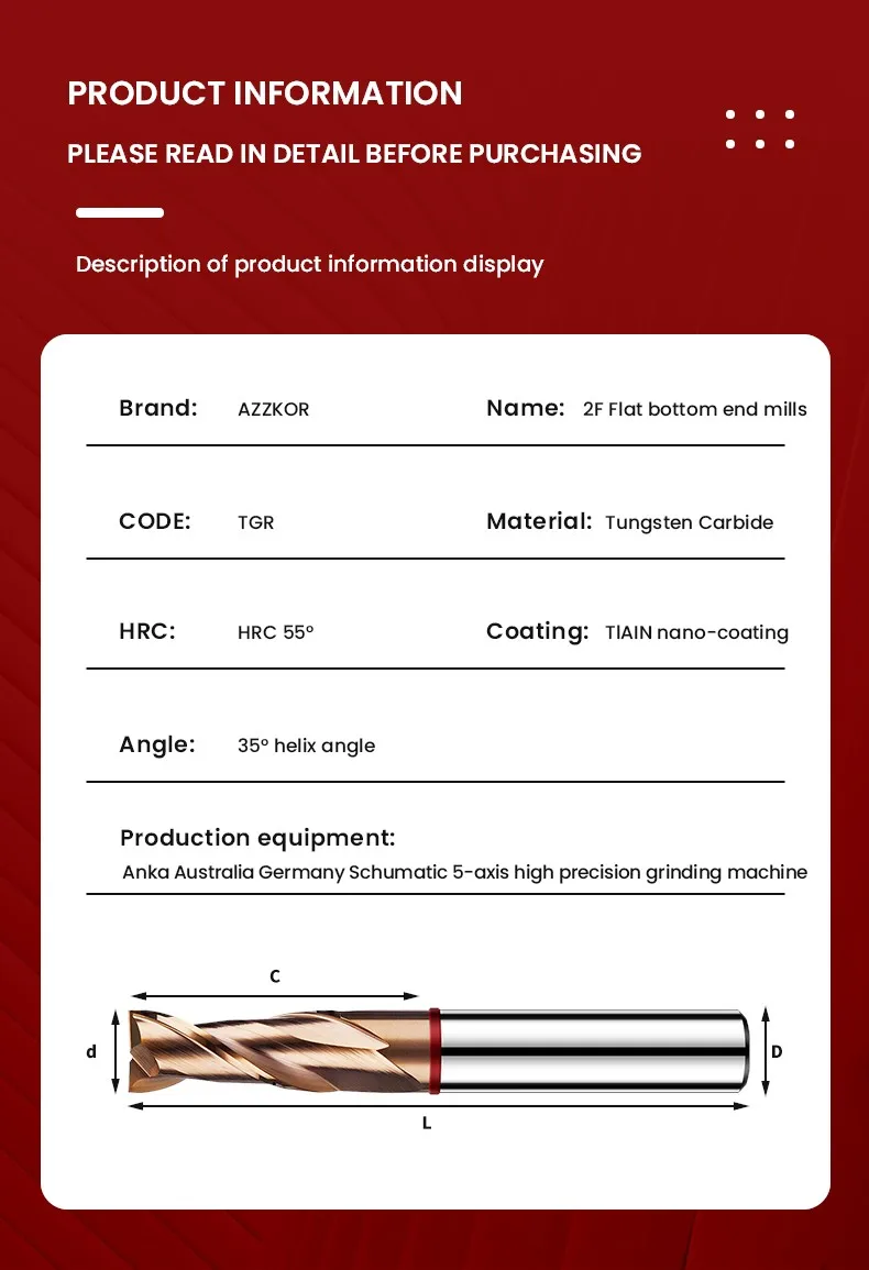AZZKOR 2-Schneiden TGR-HRC55 Hartmetallfräser mit Nano-Beschichtung, CNC-Mechanische Bearbeitung, Flachfräser, Werkzeuge 1-20mm – Detail 16