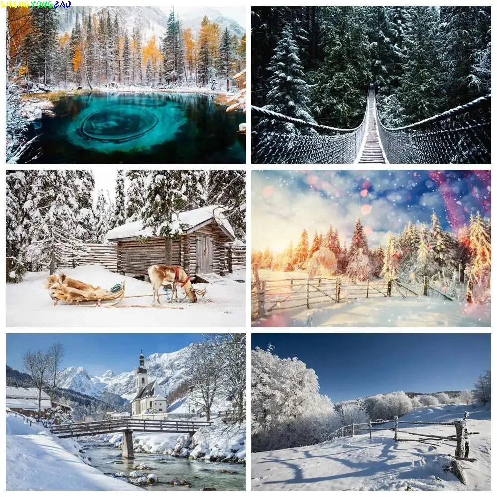 Winter Decoration Photography Backdrops Custom Snow Forest Skiing Field Trees Wooden Home Sleigh Studio Party Photo Backgrounds