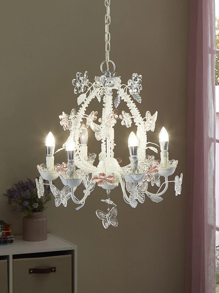 

Love Belfast Romantic Butterfly and Flower Crystal Pendant Lamp European Retro White Princess Daughter Room Bedroom Lamp