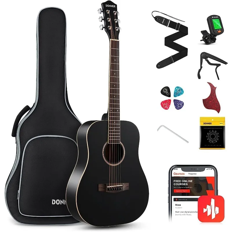 

Donner Acoustic Guitar for Beginner Adult 36'' Dreadnought 3/4 Size Black Guitar Bundle Package Kit Travel, Spruce Wood With Gig