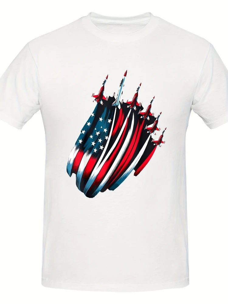On July 4th, 100% cotton men's patriotic American flag fighter T-shirt with round neck and short sleeves and stars and stripes.