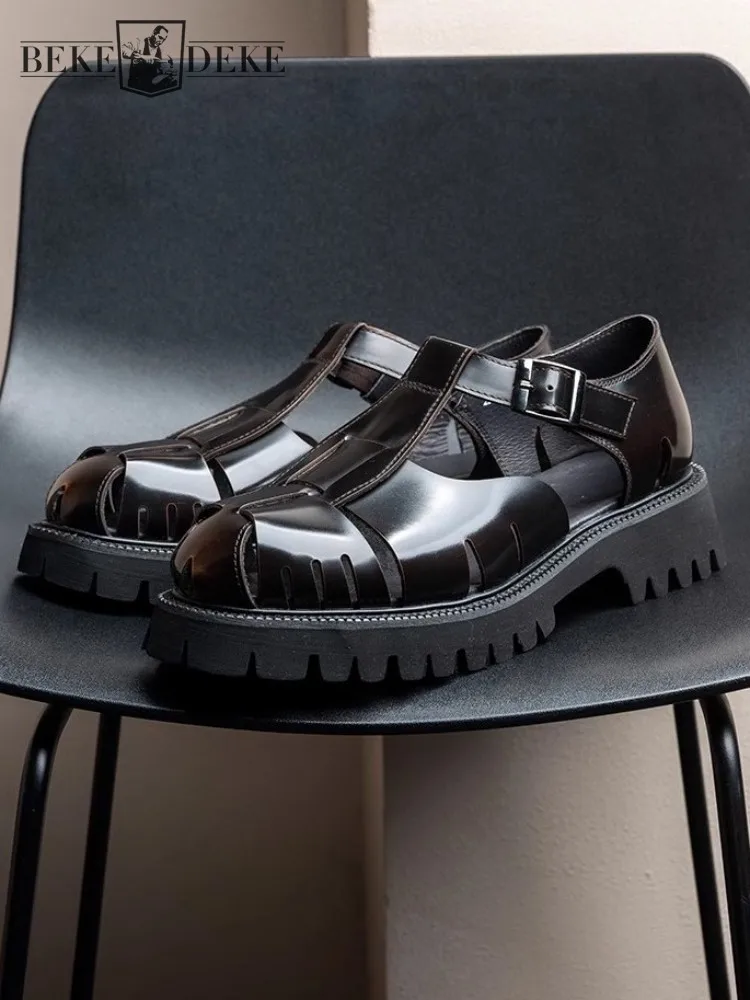 Mens Cowskin Genuine Leather Sandal Buckle Strap Summer Thick Bottom Casual Platform Shoes Fashion Gladiator Sandals Size 45 46