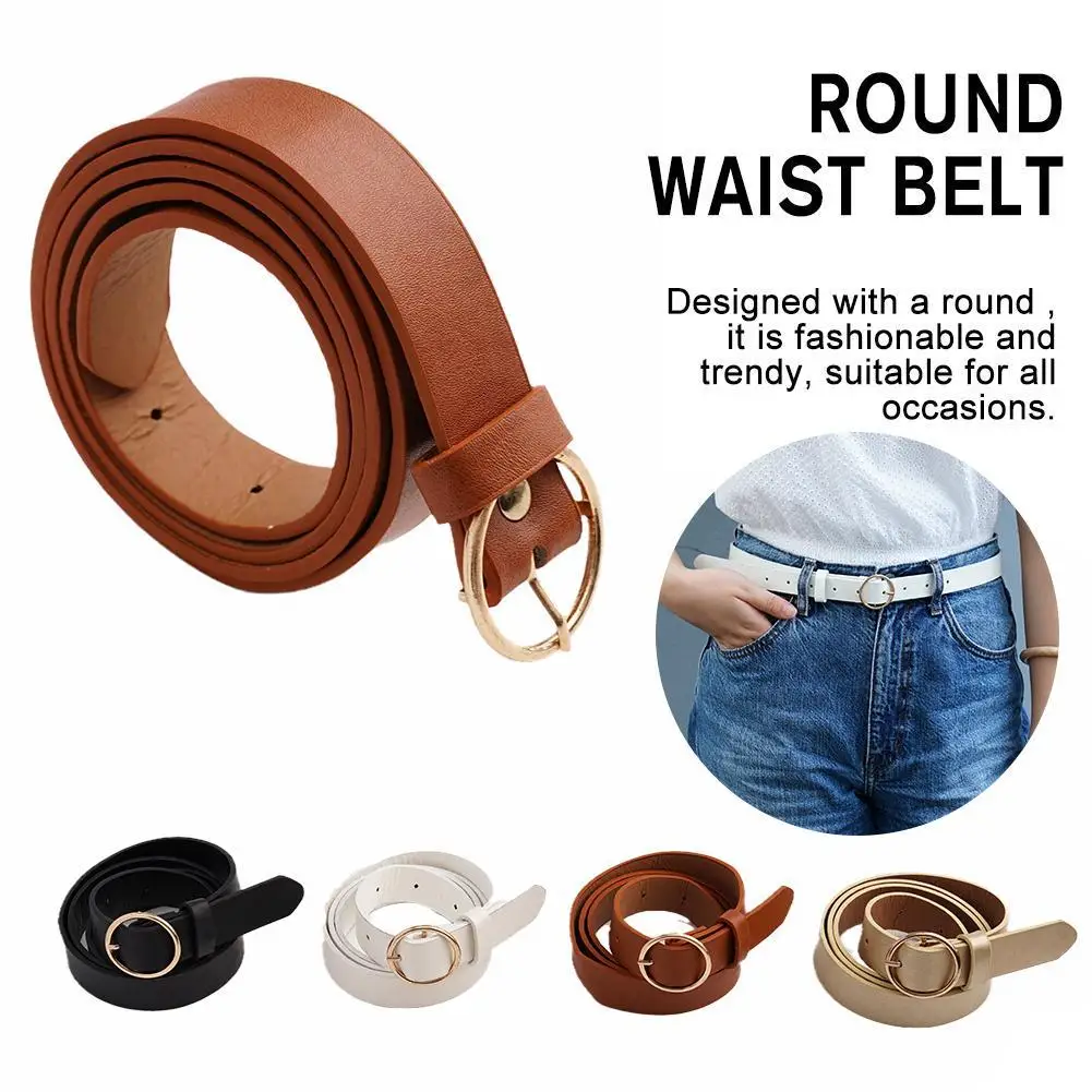 New Women's Belt Fashion Gold Round Leather Metal Buckle Belt Personalized Casual Paired With Long Pants Jeans Soft Belt