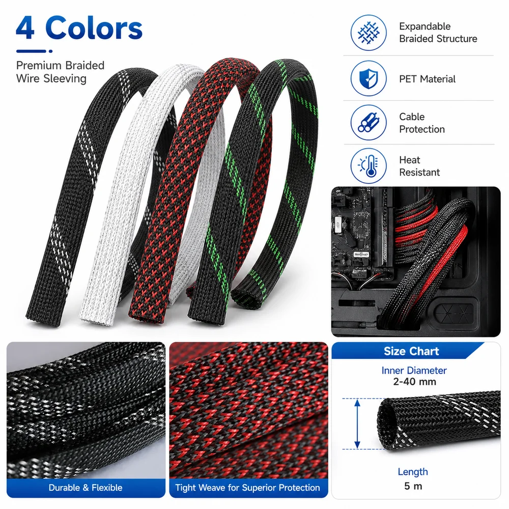 PET Braided Cable Sleeve Flame Retardant Insulated Wire Management Sleeve Flexible Expandable Braided Structure Cable Sleeving