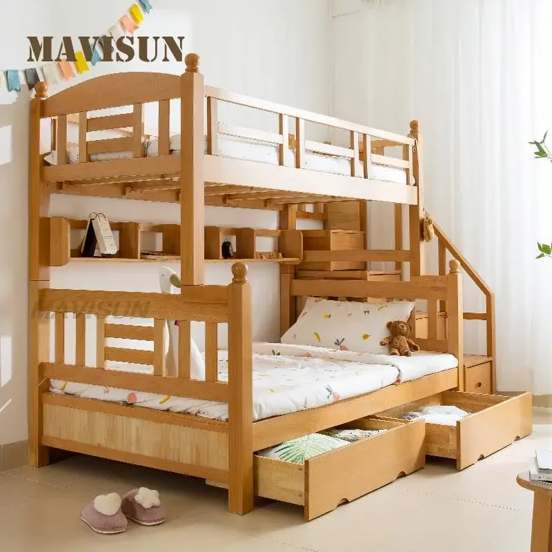 Litera de madera maciza de haya para niños, cama de dos pisos, almacenamiento multifuncional, estilo nórdico, bonito patrón Simple