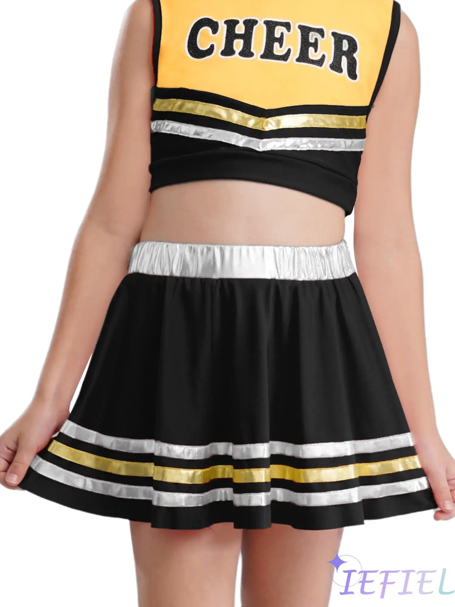 

Kids Girls Cheerleading Dance Outfit Sleeveless Letters Printed Crop Top+Shorts+Striped Skirt+Headwear+Flower Balls+Socks Set