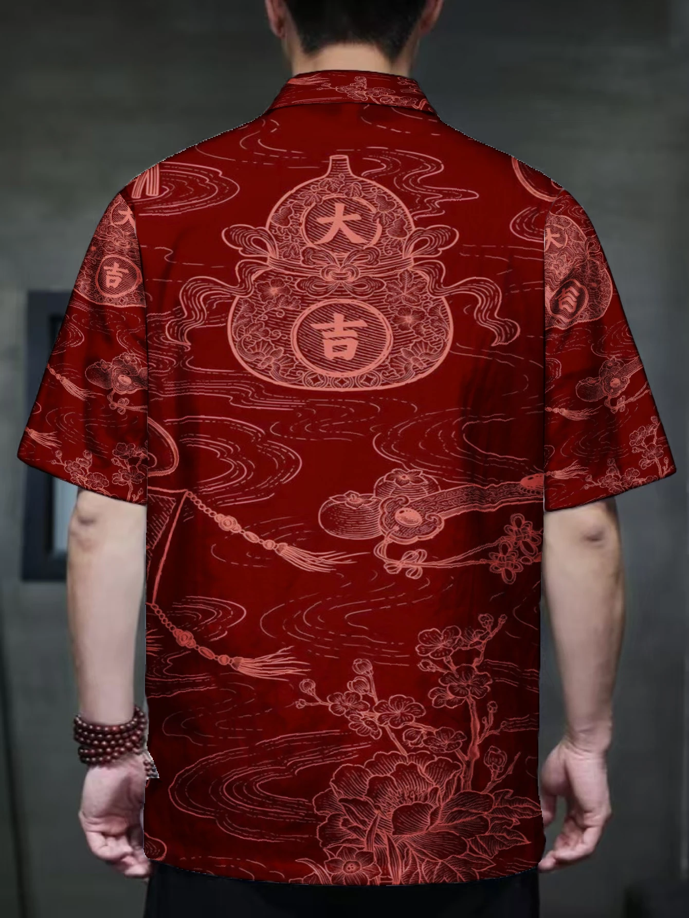 Men Mandarin Collar Frog Button Short Sleeve Shirt Swirl Auspicious Gourd Floral Foliage Print Traditional Top