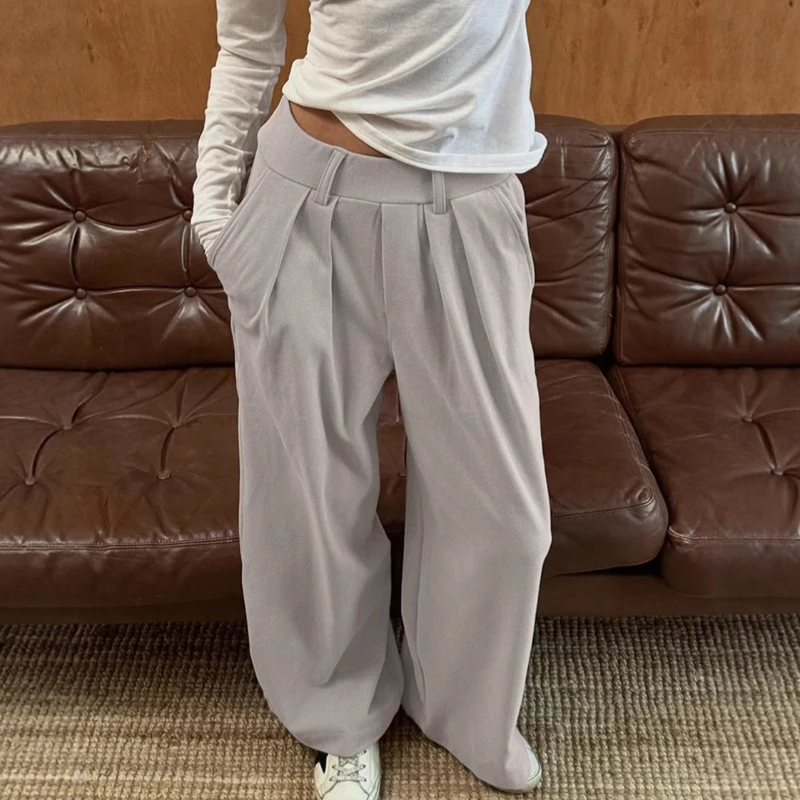 

2026 Spring Minimalist Commuting Suede Loose High Waisted Casual Design Suit Pants for Women