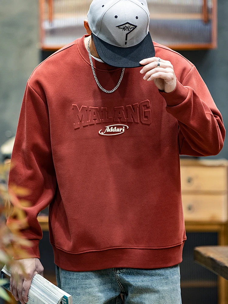 American Style Red Hoodie Men's Spring Autumn Trendy Embossed Letter Loose Shoulder Drop round Neck Long Sleeve Overhead Shirt
