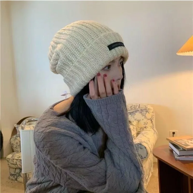 Women Fluffy Hat Winter Solid Color Cute Thickened Fashion Ear Warm Beanie Loose Sweet Knit Cap for Women Autumn Winter Warm