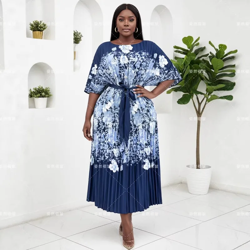 

2026 Spring New Miyake Pleated Dress Middle East Women's Temperament Waist Slim Big Swing Dress Bat Sleeve Long Dress Clothing