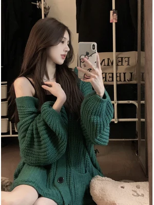 

Laid-ba Sle Women's Knitted Sweater Coat Spring Autumn Loose V-ne Long Sve Open Cardigan Retro Salt System New 2025