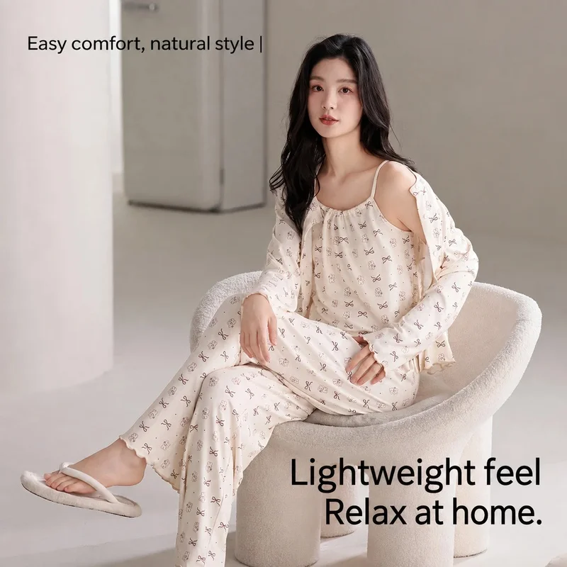 Pajama Set Women 3 Piece Light Apricot Printed Cami Long Sleeve Cardigan Pants Loungewear Sleepwear Lounge Set Soft Cozy Gift
