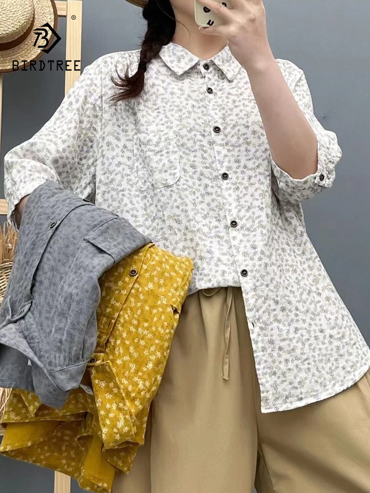

New 2025 Summer Cotton Yarn Half Sleeve Shirt, Women Turn-down Collar Print, Mori Girl Soft Retro Casual Loose Blouse T55849CC