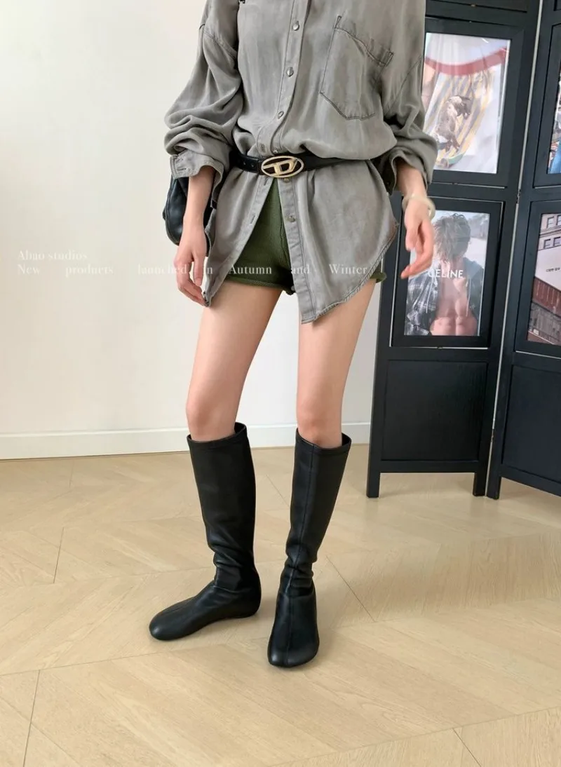 Fall women's high-top flat boots for workwear and warmth,stretch-fitting knight-style ankle boots,street style knee-length boots