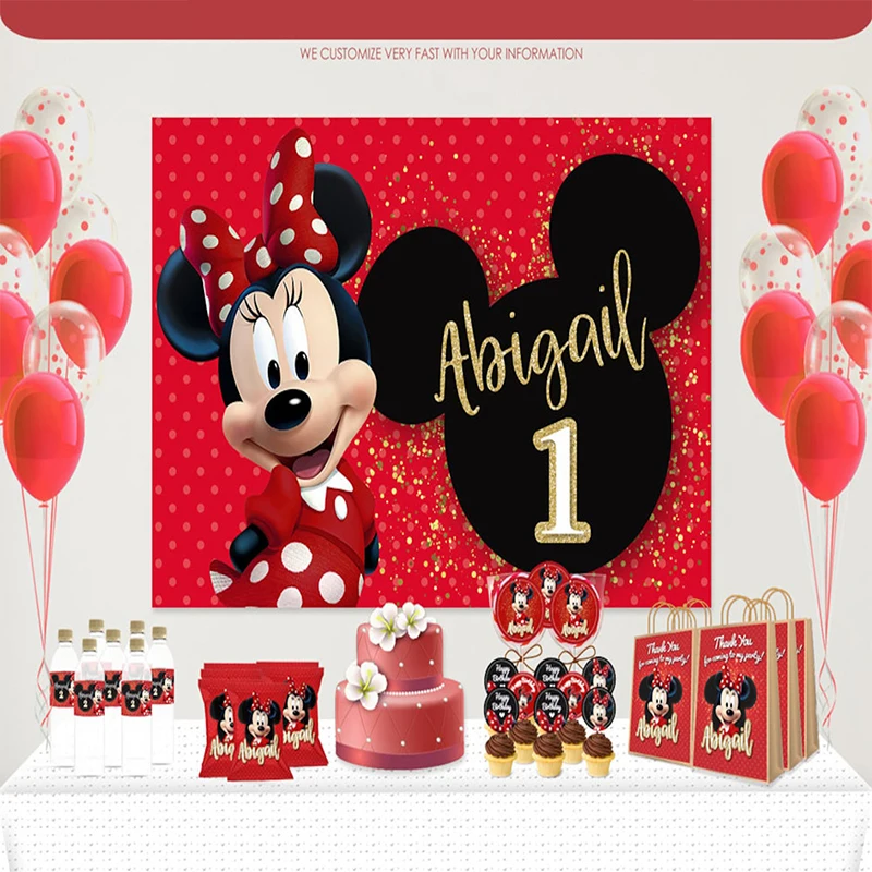 Disney Red Minnie Mouse Birthday Backdrop Photography Custom Product Boys Girls Birthday Photo Background