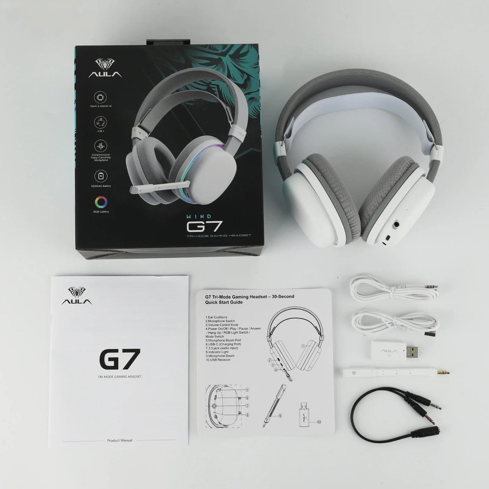 AULA G7 Kabelloser Gaming-Kopfhörer mit Kabel/BT/2,4 GHz und abnehmbarem Mikrofon mit Geräuschunterdrückung, RGB-Beleuchtung für PS4/PS5/PC/Switch – Detail 21
