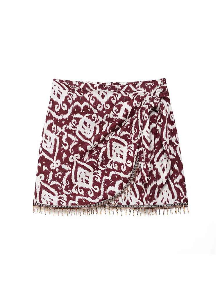 

KUCLUT Women Fashion With Beading Tassel Printed Back Zipper A-Line Mini Skirt Vintage High Waist Female Chic Lady Skirts