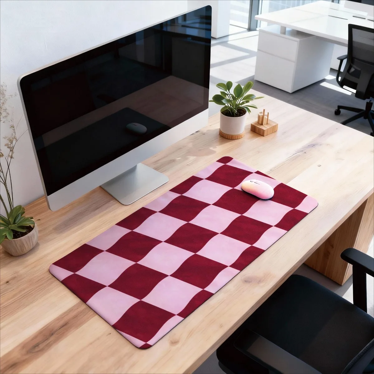 Checkerboard Dark Red Soft Pink Rubber Desk Mat Non-Slip Contemporary for Bedroom Office Gaming Use