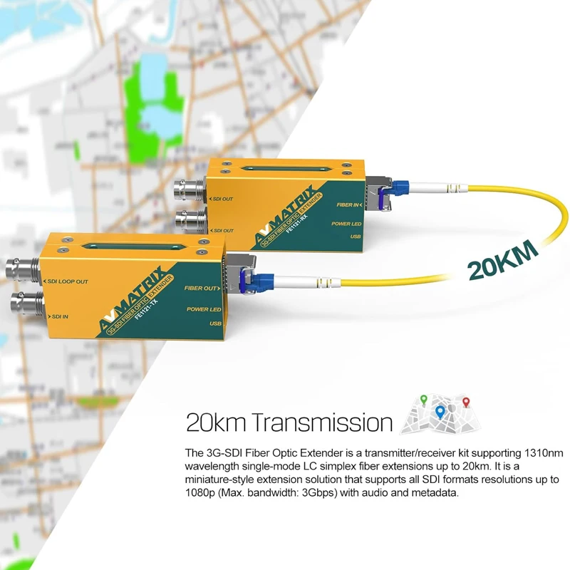 AVMATRIX FE1121 3G-SDI Fiber Optic Extender, 20km, Mendukung Sinyal 3G/HD/SD SDI, Kompatibel dengan Komputer, Laptop, Printer