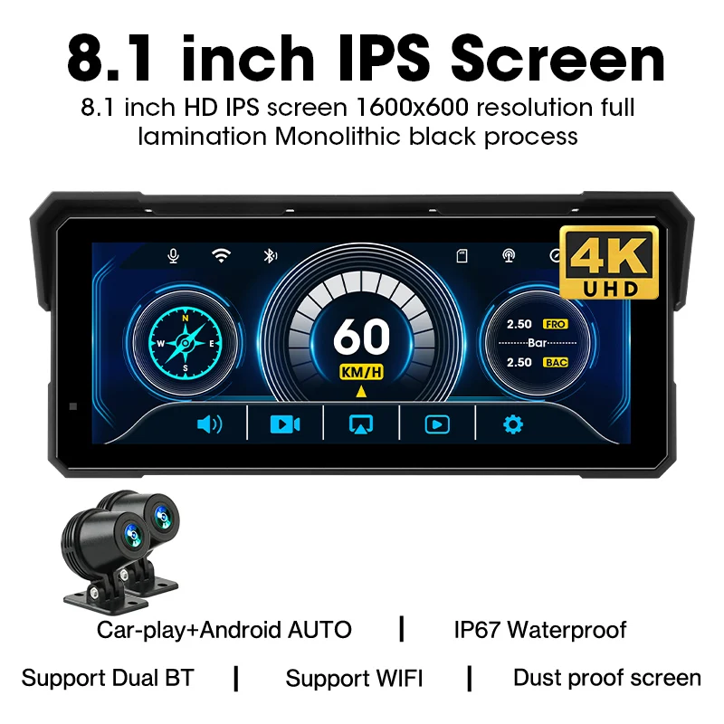 Jansite Draagbare 7/8.1 inch IP67 Waterdichte Motorfiets 4K DVR GPS Navigatie Draadloze Carplay Android Auto Moto Recorder Monitor
