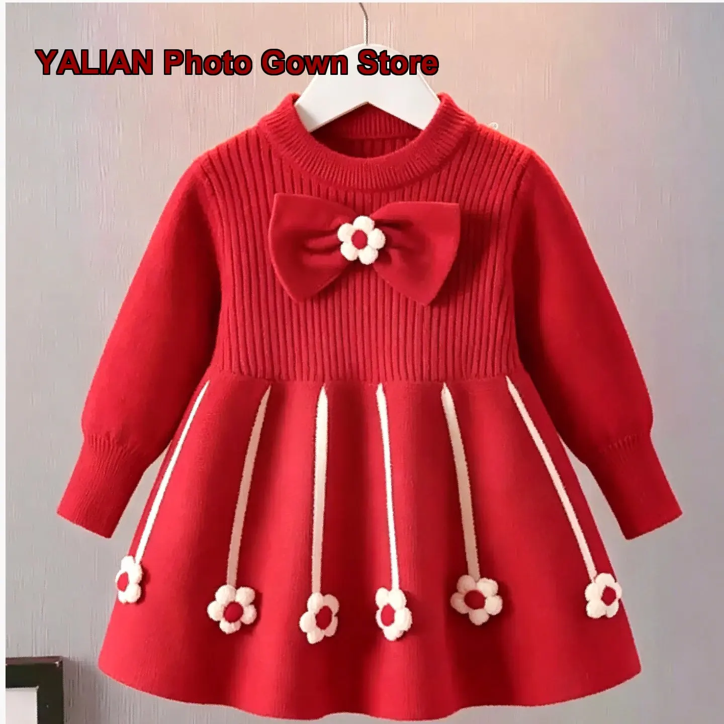 Girls Knit Dress 2026 Spring Autumn Winter Infant Knit Base Layer Top Solid Color Warm Princess Style New Year Dress Kids