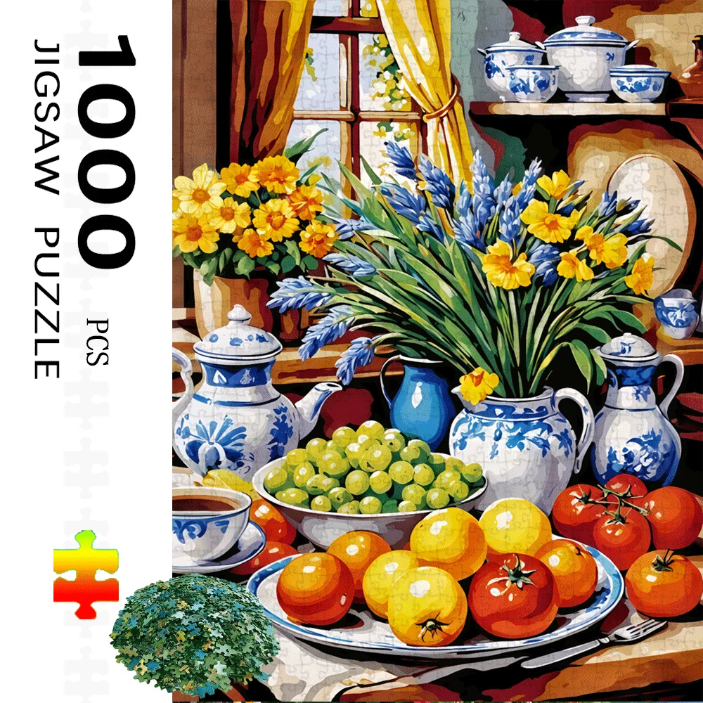 

Пазлы 1000 шт. - Искусство сине-белого фарфора натюрморта, с яркими цветочными и фруктовыми узорами, большая головоломка 1000 шт.
