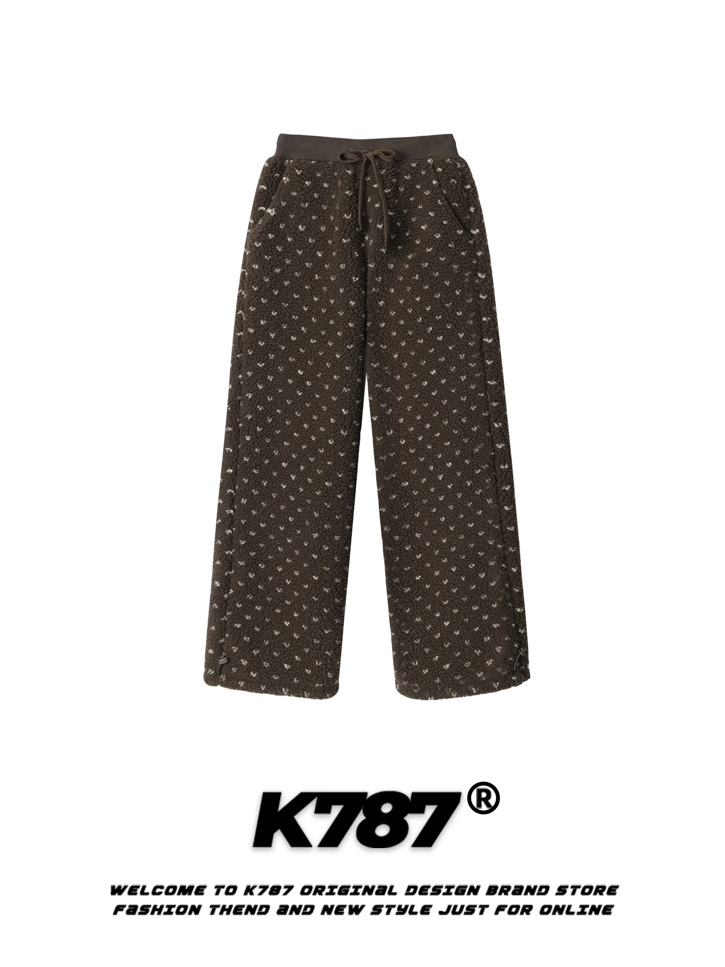 

K787 American Retro Polka Dot Drawstring Casual Pants Men's Loose Thickened High Waist Warm Straight Cotton Trousers