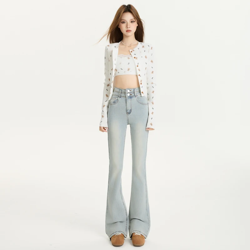 High Waist  Women's Light Blue Waist Flared Jeans Distred Cotton Stretch Denim Zipper Wear  Fall Faion Y2K Comfortable and Slim