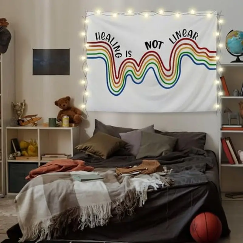 Healing Nonlinear Rainbow Tapestry Wall Hanging, Mental Health Aesthetic Decor for Bedroom Dorm Home Decor