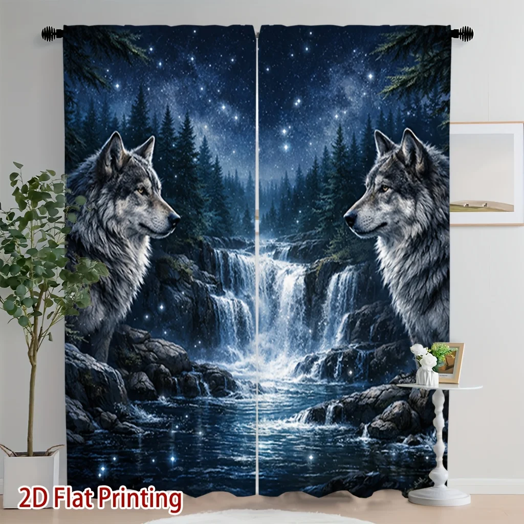 2pcs Starry Wolf Curtains Night Waterfall Print Blackout Drape Living Room Bedroom Window Treatment Home Decor