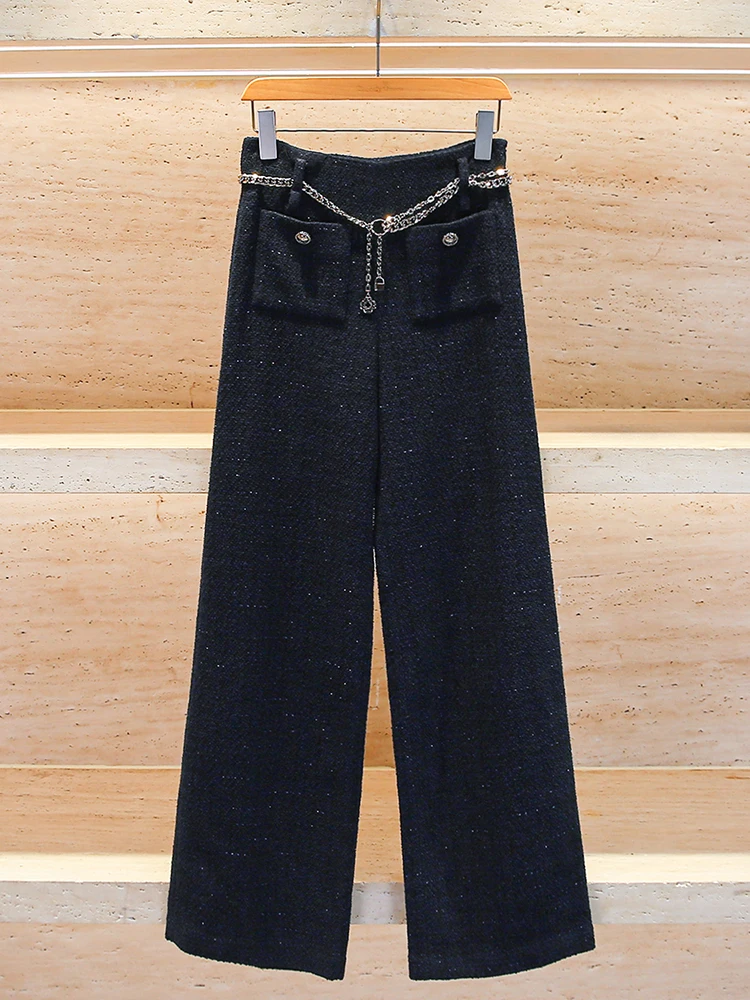 กางเกงขายาวทรงขากว้างสไตล์ลำลองสำหรับผู้หญิง ดีไซน์โซ่ ผ้าขนสัตว์ผสมโพลีเอสเตอร์ ให้ความรู้สึกพรีเมียม รุ่น M Home Nan You